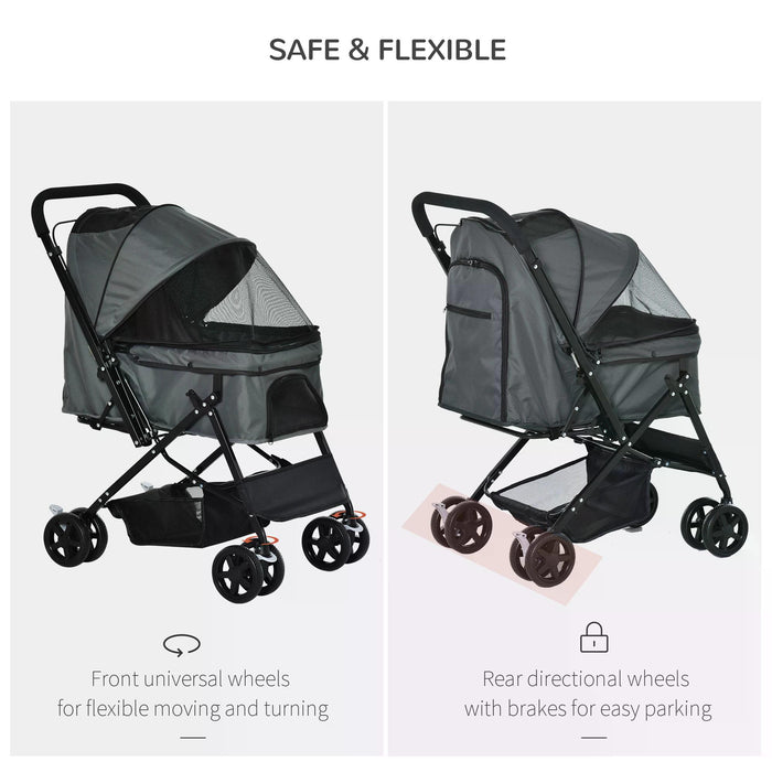 Foldable Pet Stroller and Jogger - Reversible Handle, EVA Wheels with Brake, Safety Leash, Adjustable Canopy, Storage Basket - Comfortable Transportation for Dogs and Cats