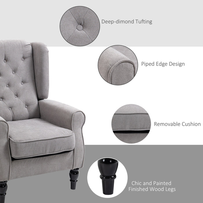 Wingback Retro Accent Chair - Sturdy Wooden Frame Button Tufted Armchair in Grey - Elegant Seating for Living Room or Bedroom