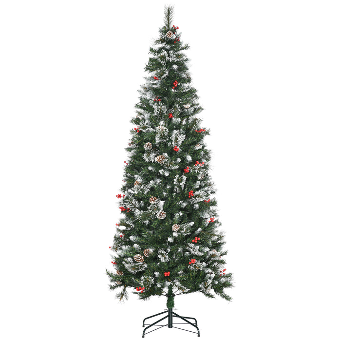 Slim Pencil Artificial Christmas Tree with Snow-Dipped Tips - 7ft Height, 738 Lifelike Branches, Pine Cones & Red Berries, Easy Auto-Open Feature - Perfect for Festive Home Decoration