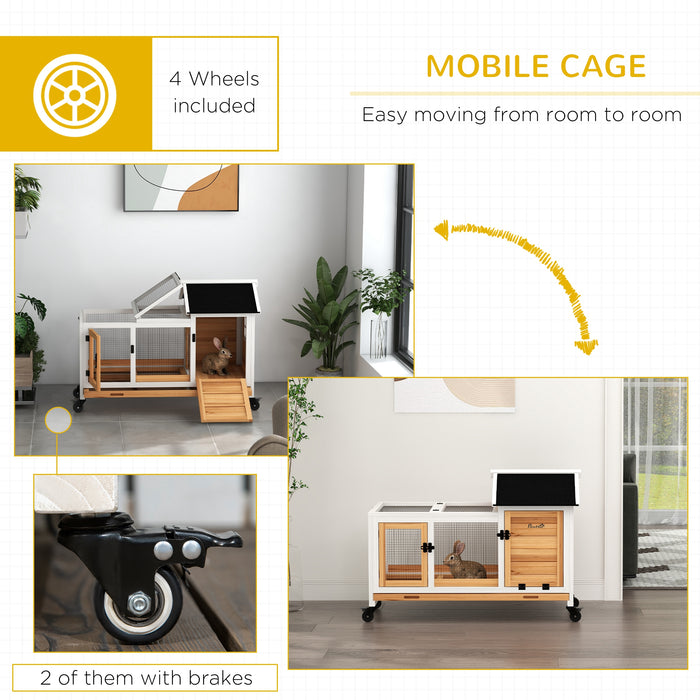 Wooden Rabbit Hutch with Wheels - Durable Guinea Pig Cage & Small Pet Home with Removable Tray - Easy Cleaning & Mobility in Bright Yellow