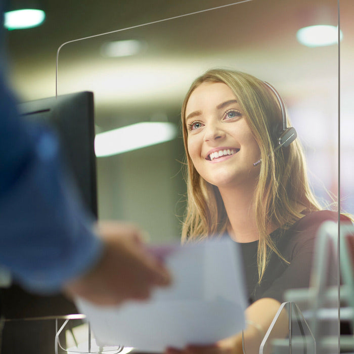 Freestanding Sneeze Guard Shield - With Convenient Transaction Window - Perfect for Customer Service and Retail Counter Spaces