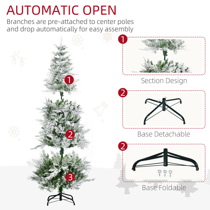 Realistic Cypress Branches Flocked Artificial Christmas Tree - Easy Auto Open Design, Pencil Slim Profile - Ideal for Festive Holiday Decor in Tight Spaces