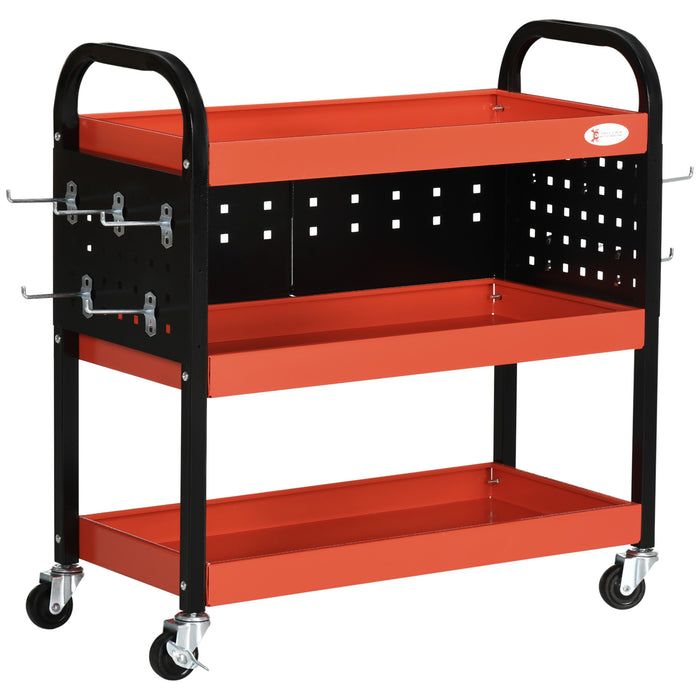3-Tier Shelf Tool Cart with Wheels - Heavy-Duty Storage Trolley for Garage Workshop, Warehouse DIY, Includes 10 Hooks, 100kg Capacity - Red Organizer for Professionals and Hobbyists