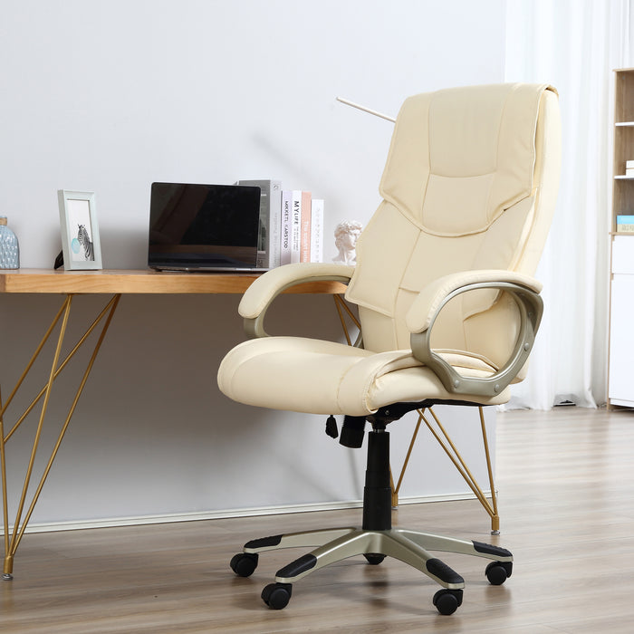 Ergonomic Faux Leather High-Back Office Chair - Adjustable Height, Rocking Feature, Computer Desk Seating in Cream White - Ideal for Home Office Comfort and Style