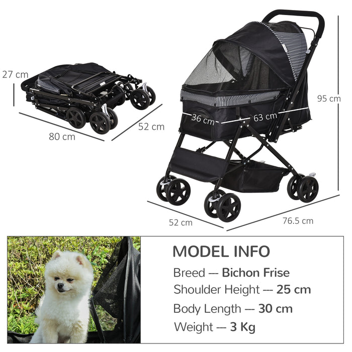 Easy-Fold Pet Stroller for Dogs and Cats - Reversible Handle, Safety Brake, and Carrier Basket - Convenient Travel Pushchair for Pet Owners
