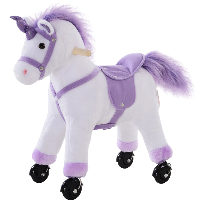 Sit-On Unicorn Horse with Neigh Sound Button - Plush Toy with Safe Seat and Handlebar on a Durable Wood Frame - Ideal for Kids' Imaginative Play