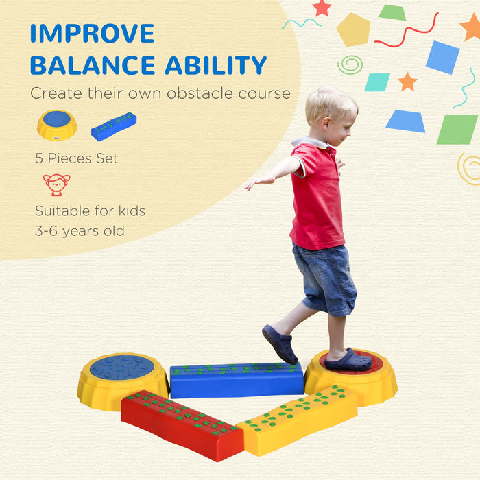 Kids Balance Beam and Bridge Set - 5-Piece Stackable Stepping Stones with Non-Slip Surface & Base - Toddler Coordination and Strength Training Equipment