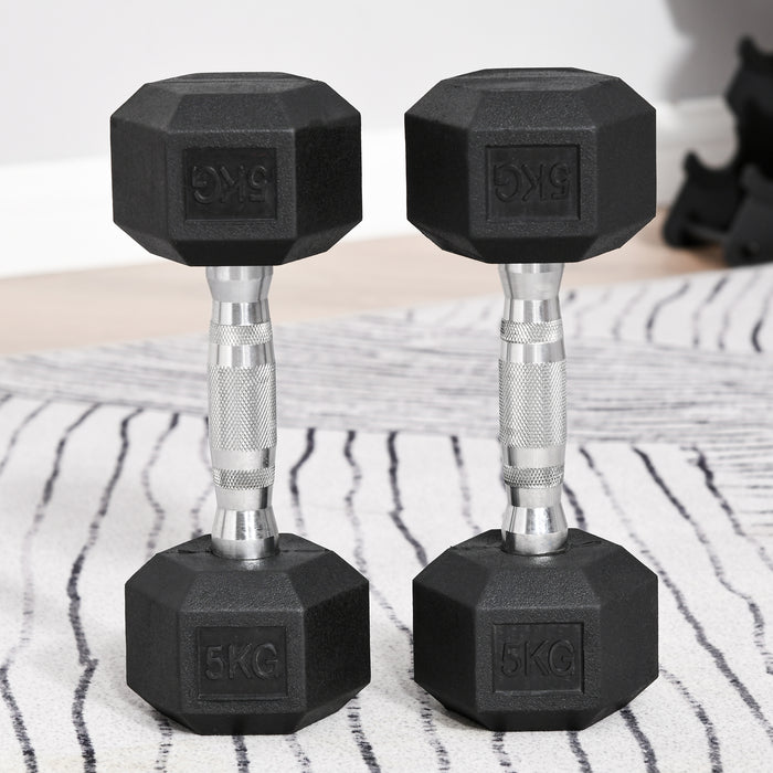 Rubber Hex Dumbbell Set - 2 x 5kg Sports Hex Weights for Fitness & Weight Lifting - Ideal for Home Gym Exercise Training