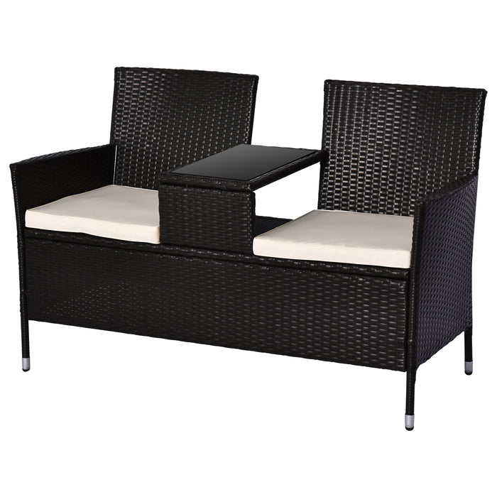 2-Seater Rattan Dining Chairs with Drink Table - Wicker Loveseat Outdoor Patio Armchair, Garden Furniture in Dark Brown - Ideal for Couples' Al Fresco Dining and Patio Relaxation