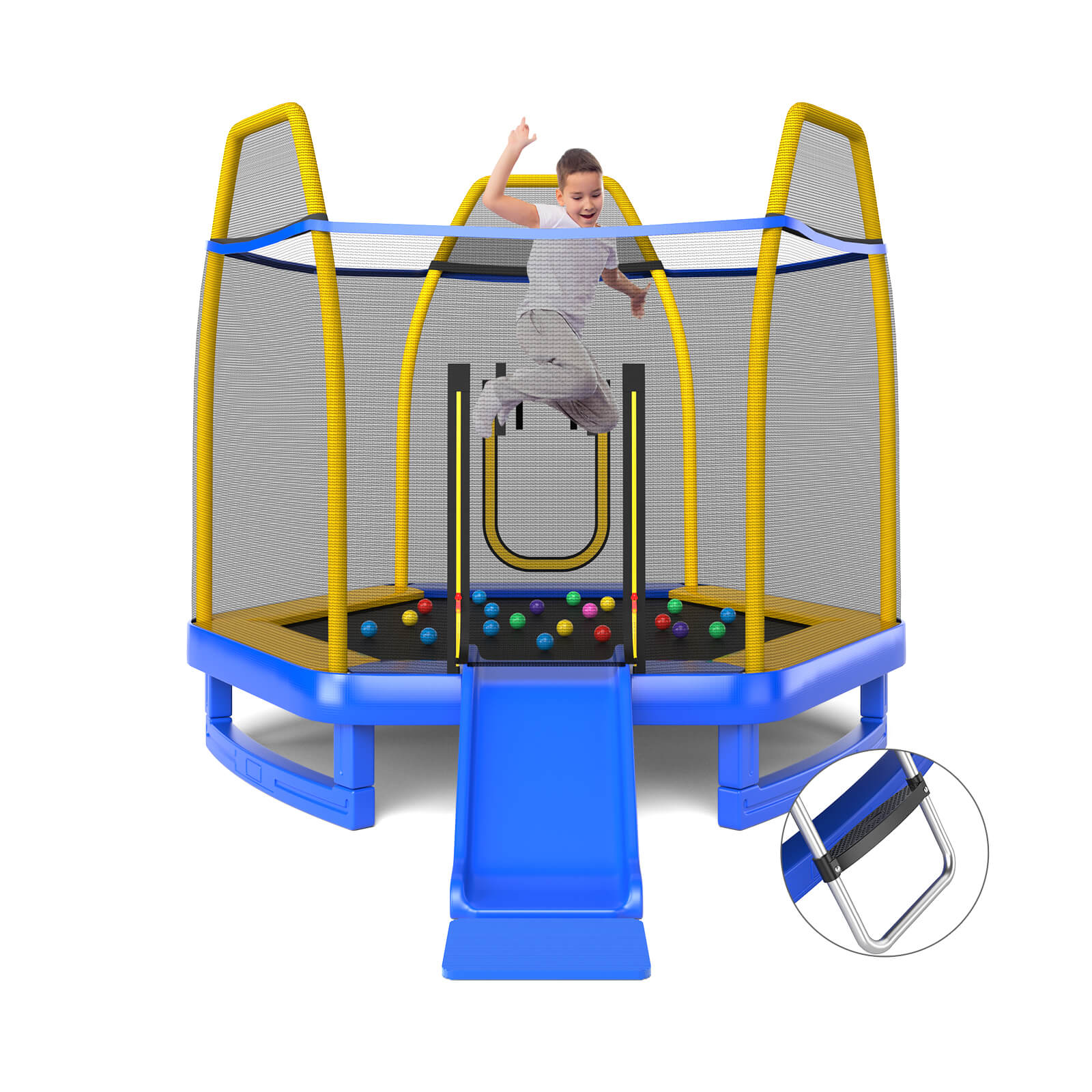 Blue Hexagonal 7 Feet Trampoline with Slide - Safety Enclosure Net Included - Perfect Outdoor Play Equipment for Kids