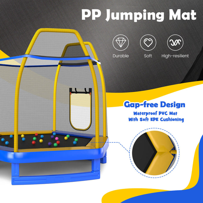 Blue Hexagonal 7 Feet Trampoline with Slide - Safety Enclosure Net Included - Perfect Outdoor Play Equipment for Kids