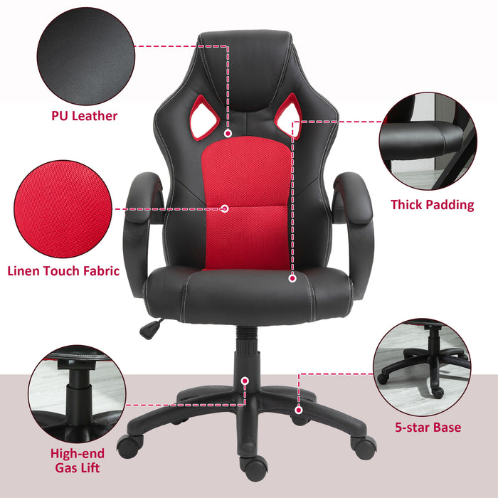 High-Back Swivel Chair - Faux Leather Home Office Desk Chair with Wheels and Armrests, Black & Red - Comfortable Seating for Work or Study