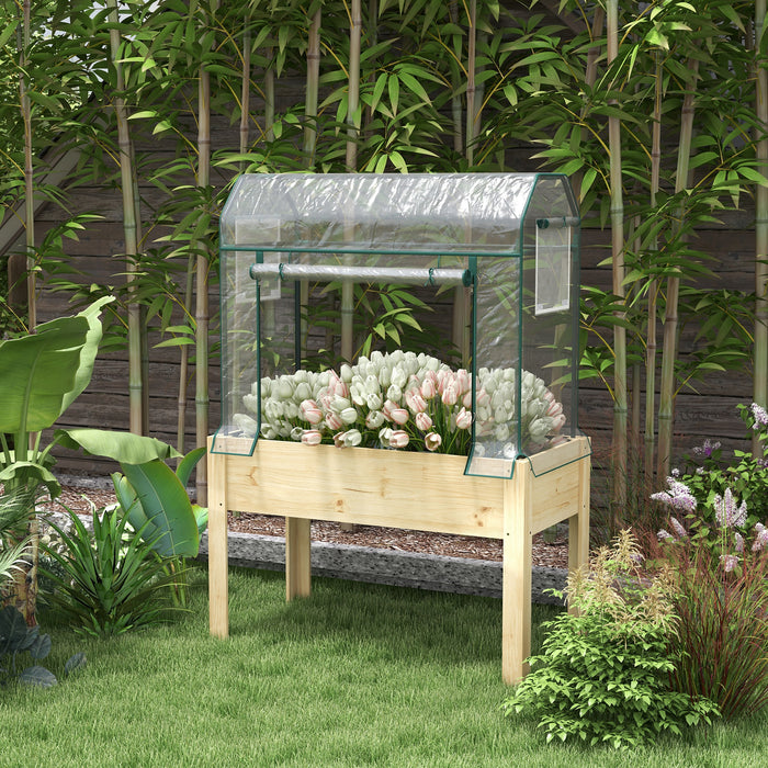 Wooden Planter Box with Greenhouse Cover - Elevated Raised Garden Bed with Bed Liner for Vegetables, Flowers, and Herbs - Ideal for Patio, Deck, or Yard Gardening