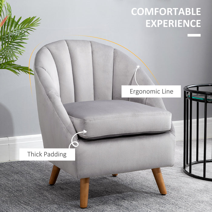 Velvet Fabric Accent Chair - Single Sofa Armchair with Solid Wood Legs for Home Living Room - Upholstered Grey Side Chair for Elegant Seating Comfort