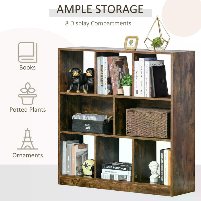 3-Tier Storage Shelf Bookcase - Rustic Brown Display Rack for Organizing - Perfect for Home Office, Living Room, or Playroom