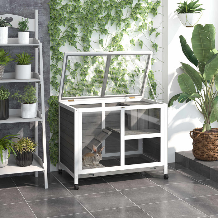 Wooden Pet Habitat - Rabbit & Guinea Pig Hutch with Pull-Out Cleaning Tray, Opening Roof, and Wheels - Ideal for Small Animals Comfort & Easy Mobility
