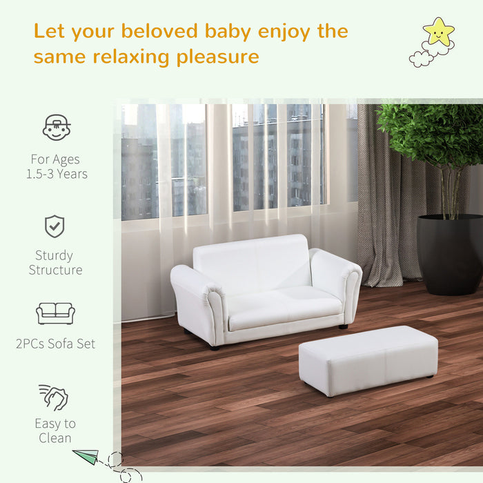 Kids Twin Sofa with Footstool - 2-Seater Toddler Chair for Children, Double Seat Armchair, Boys and Girls Lounge Furniture - White Couch Perfect for Sibling Sharing and Playrooms