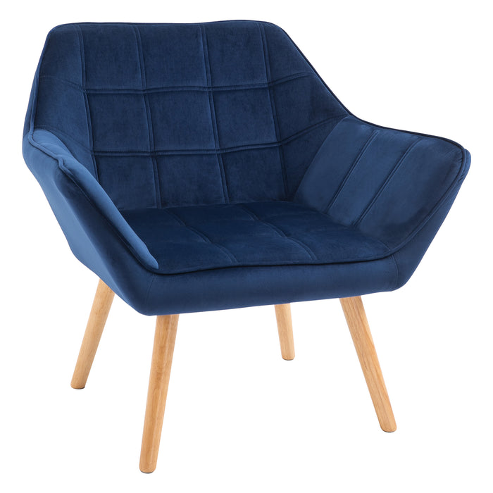 Wide-Armed Accent Armchair with Slanted Back - Padded Lounge Seat on Iron Frame with Wooden Legs - Comfy Bedroom or Living Room Seating in Blue