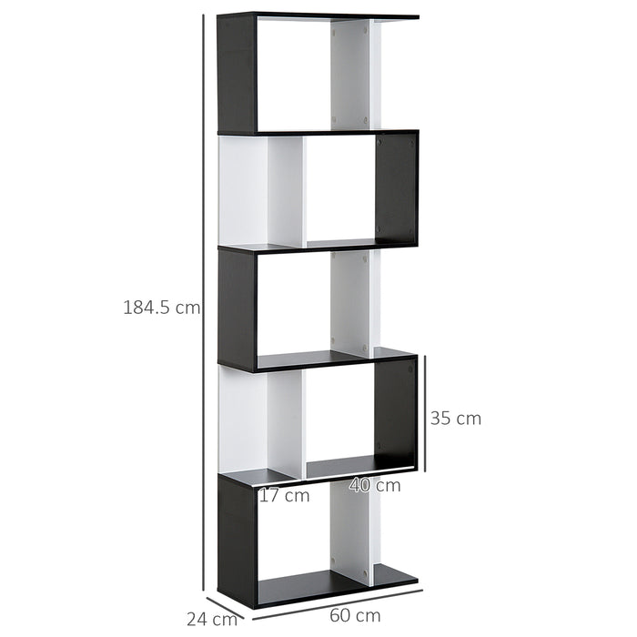 5-Tier S-Shaped Bookcase - Modern Storage & Display Shelving Unit, Divider in Black - Ideal for Organizing Books, Decor in Living Room or Office