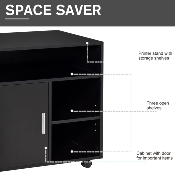 Mobile Rolling Printer Stand with Multiple Storage Shelves - Modern Office Side Desk Organizer, 60x50x65.5 cm, Black - Ideal for Workspace Organization and Mobility