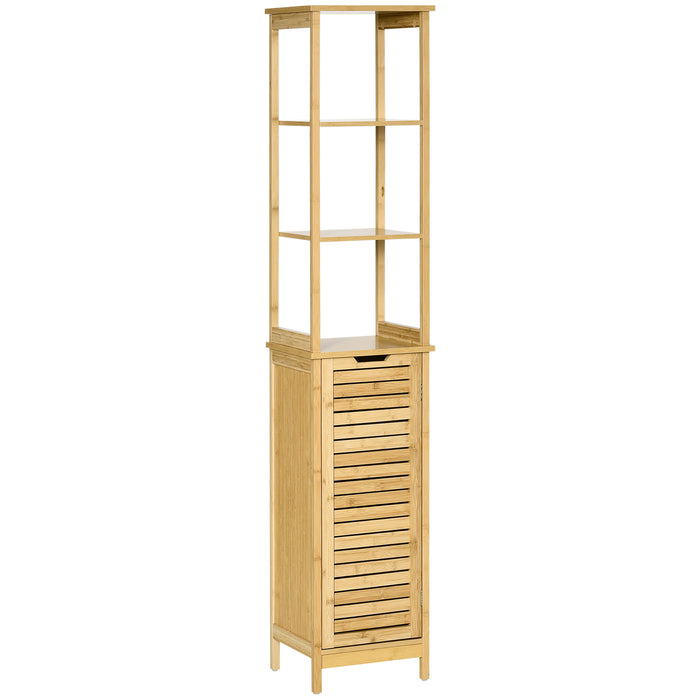 Bathroom Tallboy Storage Unit - Slim Freestanding Organizer with 3 Shelves and Cupboard - Space-Saving Solutions for Toiletries and Linens