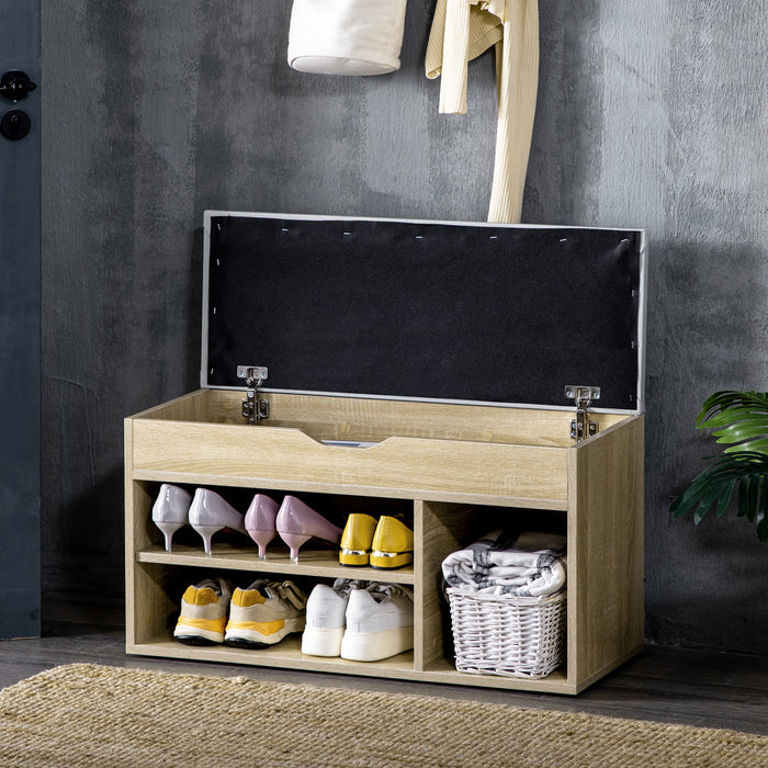 Shoe Cabinet Bench with Hidden Storage - Padded Seating Organizer and Footwear Rack in Oak Tone - Stylish Hallway Space Saver