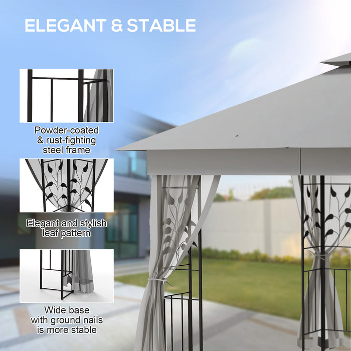 Double Roof Garden Gazebo Canopy - 3m x 3m with Netting & Solid Steel Frame in Light Grey - Outdoor Shelter for Gardens and Patios