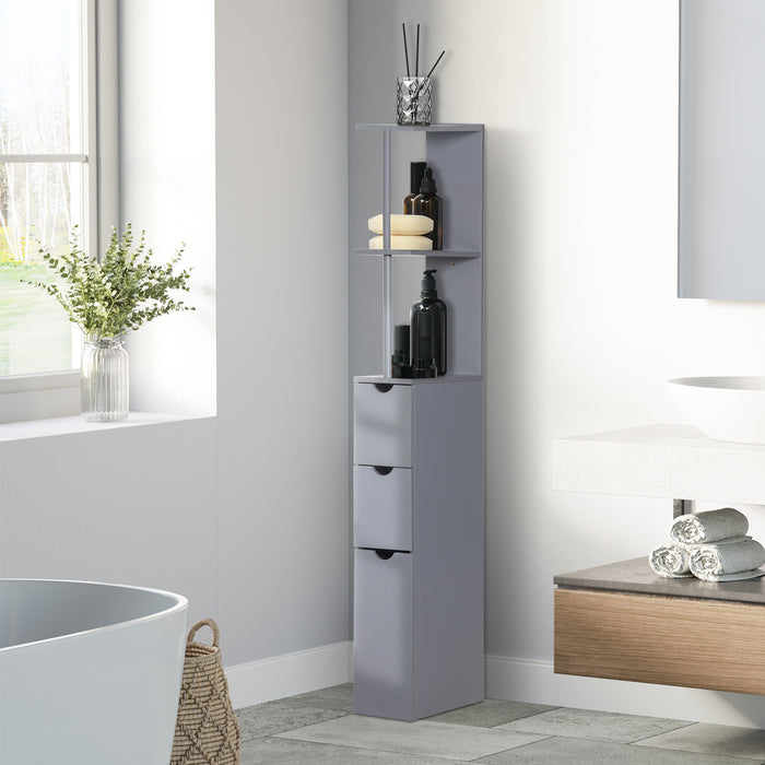 Freestanding Tall Bathroom Cabinet with 2-Tier Shelf and Drawers - Narrow Grey Cupboard Storage Unit - Space-Saving Organizer for Restroom or Laundry Room