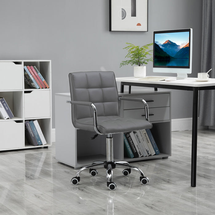 Ergonomic Mid-Back Swivel Chair in Grey PU Leather - Adjustable Height, Padded Armrests and Rolling Wheels - Ideal for Home Office and Computer Desks