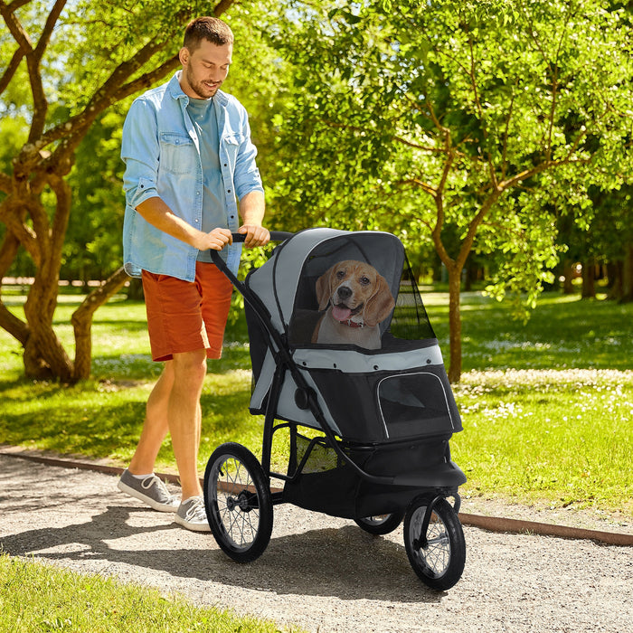 Foldable Pet Jogger Stroller - Medium & Small Dog Stroller with Adjustable Canopy and 3 Large Wheels, Grey - Convenient Cat Pram for Outdoor Activities