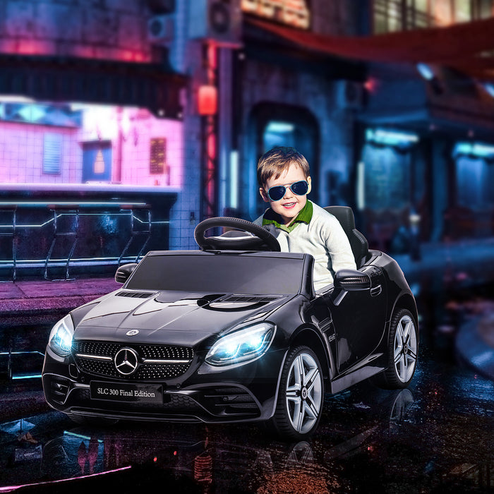 Mercedes Benz SLC 300 Electric Ride-On Car - 12V Dual Motor with Parental Remote, Music, Lights, and Suspension - Ideal for Children 3-6 Years, Sleek Black Design