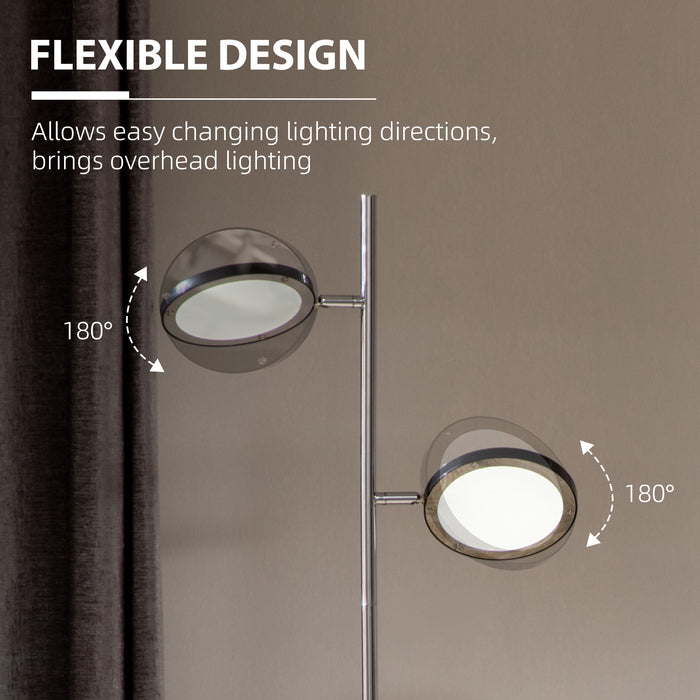 Chrome LED Floor Lamp with Dual Adjustable Heads - Modern Standing Light for Living Room - 25x25x165cm Bright Illumination Fixture