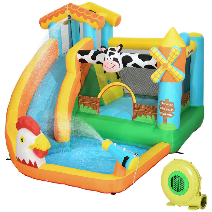 Kids Bounce Castle Farmhouse - 5-in-1 Inflatable Playhouse with Slide, Trampoline, Pool, Water Cannon & Climbing Wall - Complete Set with Inflator & Carry Bag for Ages 3-8