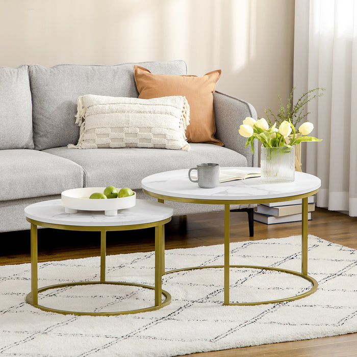 Round Nesting Coffee Table Pair with Faux Marble Top - Sturdy Metal Frame, Modern Accent Side Tables - Ideal for Living Room Elegance and Space Saving