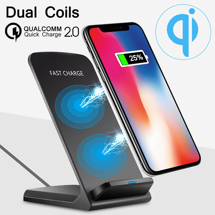 Qi Wireless Charging Stand - 10W Dual Coils Fast Phone Holder for Qi-Enabled Devices - Ideal for iPhone, Samsung, and Huawei Users