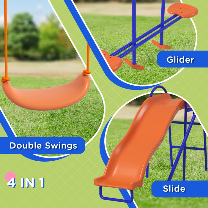 4-in-1 Metal Garden Swing Set - Double Seat Swings, Glider, Slide, Ladder in Vibrant Orange - Outdoor Fun for Kids and Family