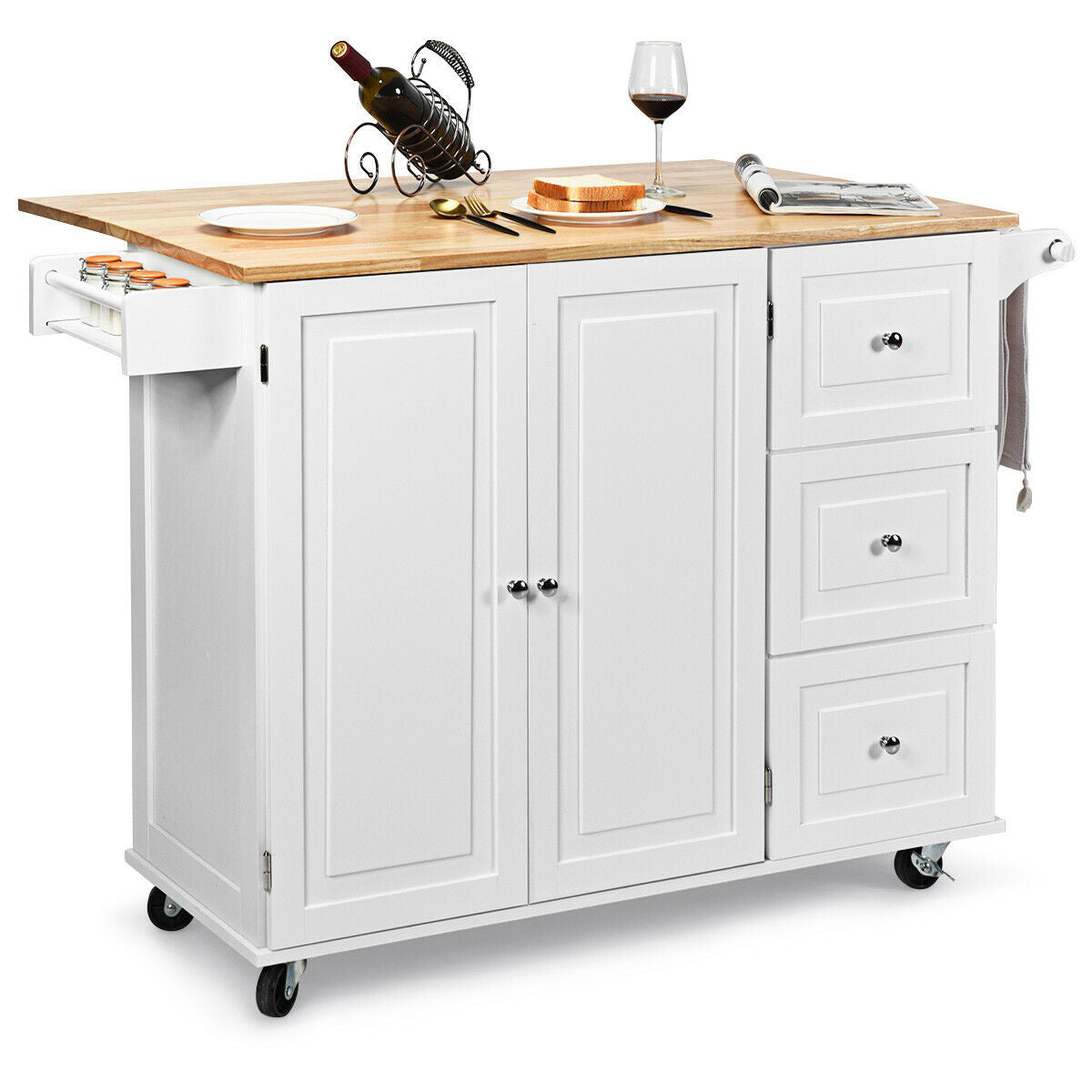 Rolling Kitchen Island - Convenient Mobile Cart with 3 Storage Drawers and 2-Door Cabinet - Ideal for Bringing Efficiency and Organization to Your Kitchen Space