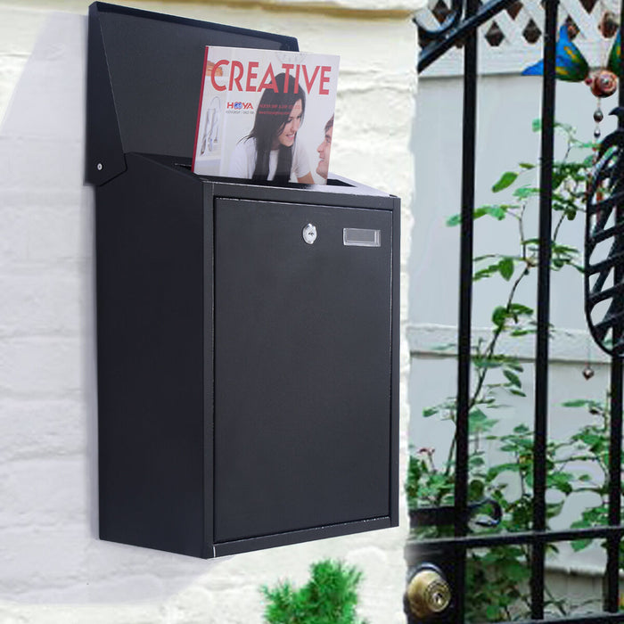 Steel Lockable Postbox - Black Wall Mounted Home Letter Box with Locking Feature - Ideal for Securely Receiving Mail at Home