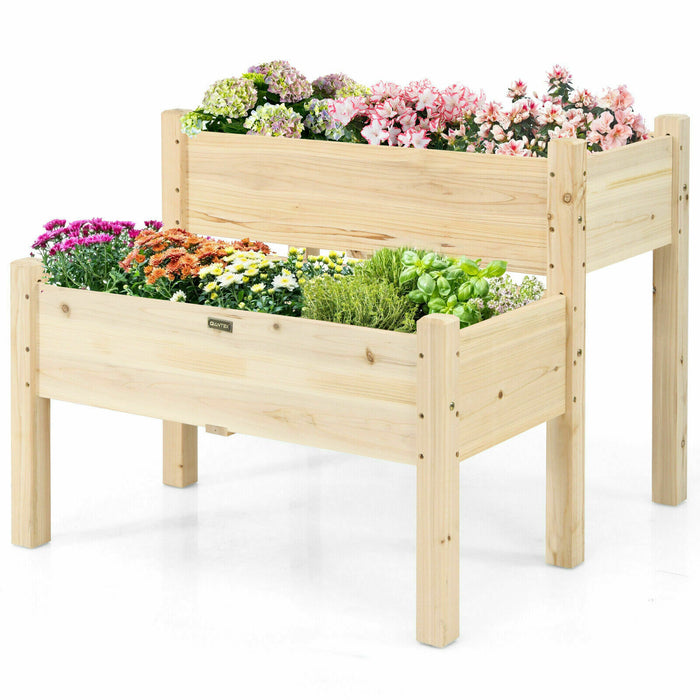 Fir Wooden Raised Bed - 2-Tier Garden Planter with Drain Holes, Grey - Ideal for Gardeners & Solving Water Logging Issues
