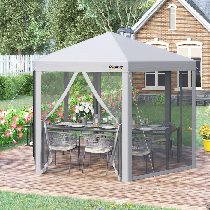 Hexagonal Pop-Up Gazebo 3x3m - Foldable Canopy Tent with Mesh Sidewalls, Adjustable Height, Roller Bag for Easy Transport - Ideal Outdoor Event Shelter for Gardens, Markets, Parties, Grey