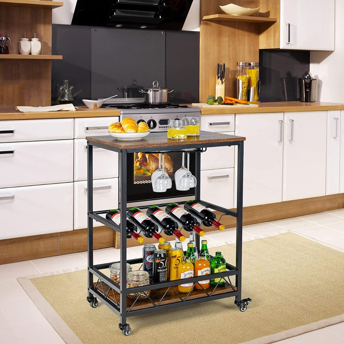Portable Serving Trolley - 2 Glass Holders and Wine Rack Feature - Ideal for Entertaining Guests on the Move