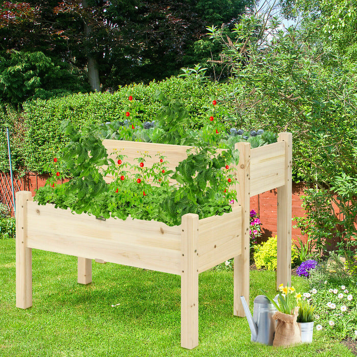 Fir Wooden Raised Bed - 2-Tier Garden Planter with Drain Holes, Grey - Ideal for Gardeners & Solving Water Logging Issues