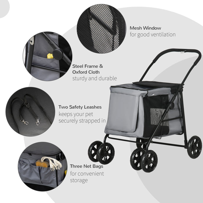 One Click Pet Stroller - Dog and Cat Pushchair with EVA Wheels and Mesh Windows - Convenient Travel Carriage for Small Pets, Grey