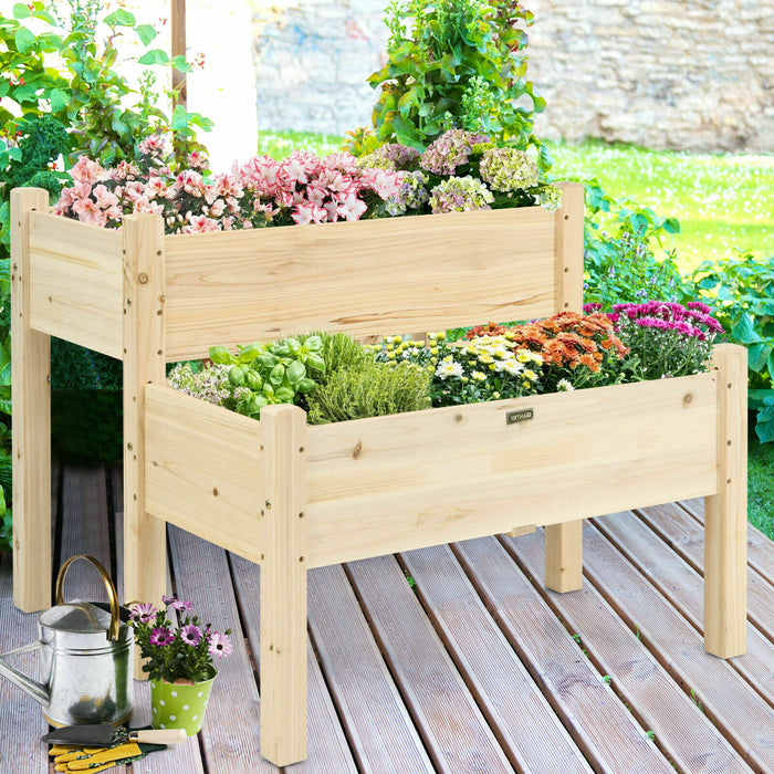 Fir Wooden Raised Bed - 2-Tier Garden Planter with Drain Holes, Grey - Ideal for Gardeners & Solving Water Logging Issues