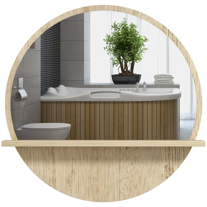 Round Wall-Mounted Bathroom Mirror with Shelf - 45cm Natural Wood-Effect Frame - Decorative Makeup Vanity Accessory for Home Styling