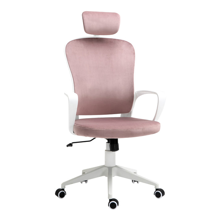 Ergonomic Velvet High-Back Chair with Rocking Feature - Home Office Computer Desk Chair with Wheels & Adjustable Headrest - Comfortable Seating for Long Working Hours, Pink