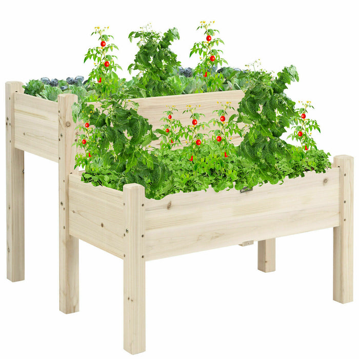 Fir Wooden Raised Bed - 2-Tier Garden Planter with Drain Holes, Grey - Ideal for Gardeners & Solving Water Logging Issues
