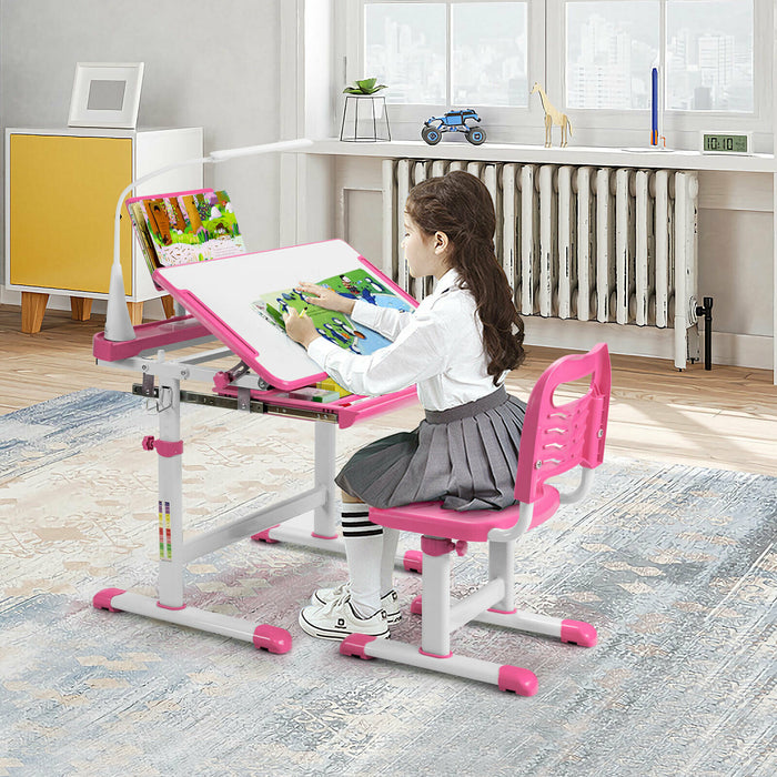 Adjustable Height Kids Desk - Tilted Workspace with Integrated Lamp and Drawer - Ideal Study Set for Children