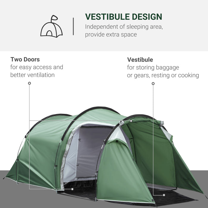 2-3 Person Tunnel Camping Tent - Sewn-in Groundsheet, Air Vents, 2000mm Waterproof Rainfly in Green - Ideal for Small Group Outdoor Adventures