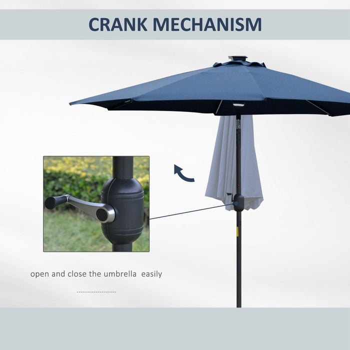 Outdoor Solar LED Parasol - 2.7m Angled Canopy Sun Umbrella with Vent and Crank Tilt Function, Blue - Ideal Summer Patio Shelter
